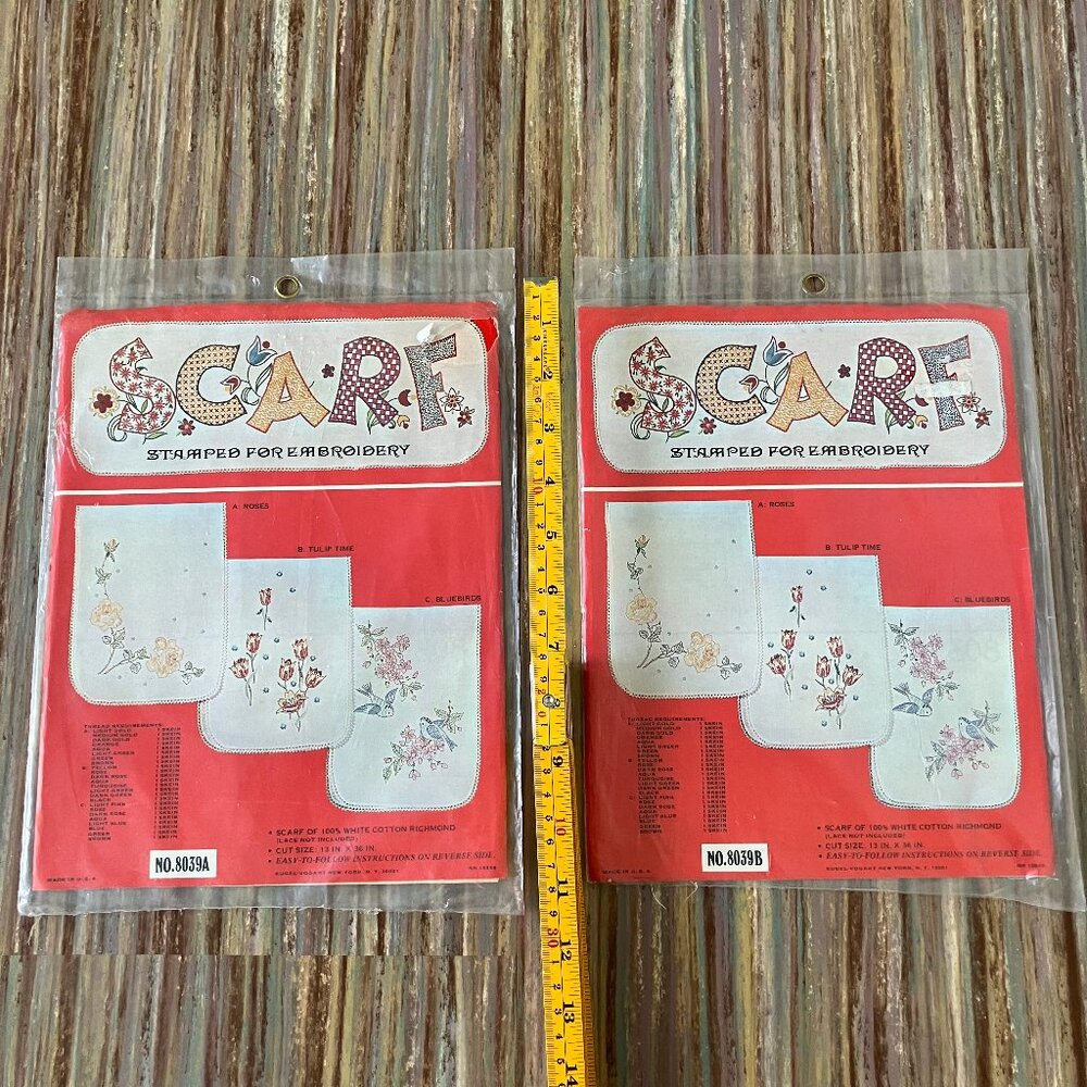 Stamped Cotton Fabric ROSES + TULIPS Table Runner Dresser Scarf Vintage Set of 2